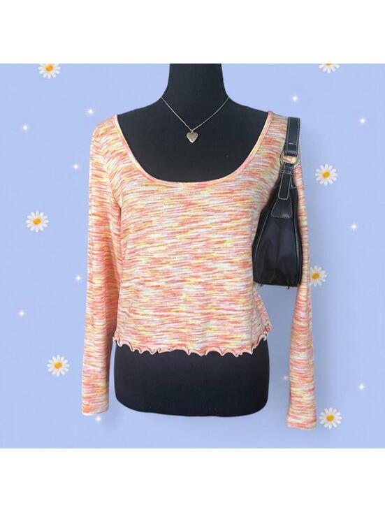 Tops - Y2K Colsie peach marled lettuce hem long sleeve coquette top size Large 🧡